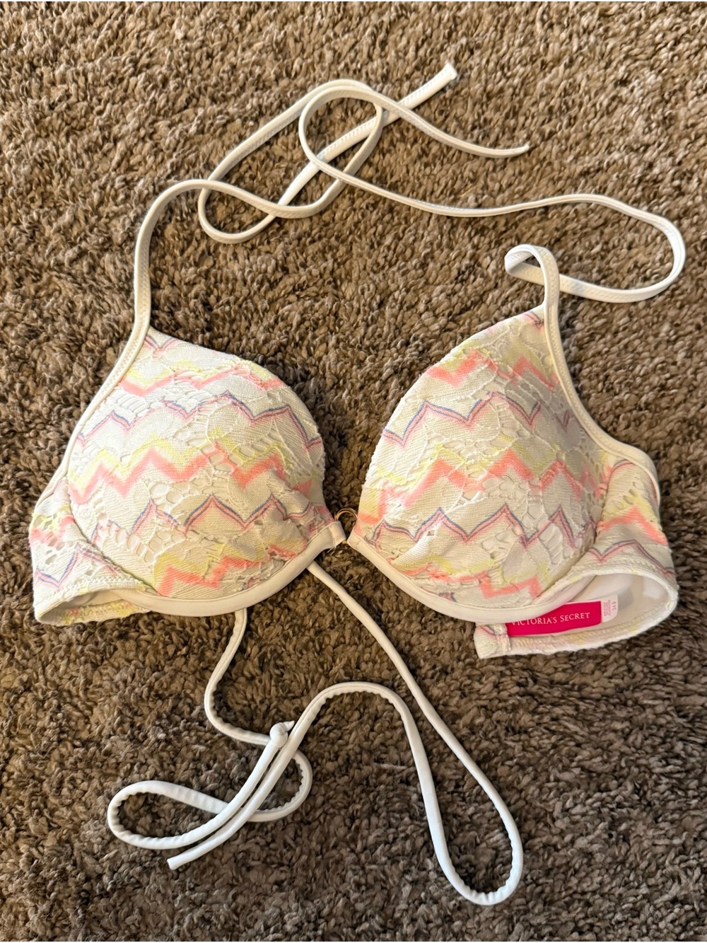 Victoria's Secret White Push-Up Bikini Top with Pastel Zigzag Lace